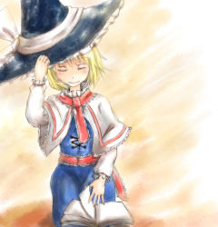 Rule 34 | 1girl, alice margatroid, blonde hair, book, borrowed clothes, brown background, capelet, closed eyes, eyelashes, female focus, hat, hat ribbon, headwear switch, holding, holding clothes, holding hat, open book, ribbon, smile, solo, tigern, touhou, witch hat
