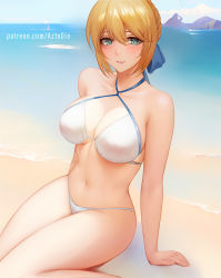 Rule 34 | 1girl, ai-assisted, arm support, artoria pendragon (all), artoria pendragon (fate), aztodio, bare arms, bare shoulders, beach, bikini, blonde hair, blue eyes, blue ribbon, blue sky, breasts, cleavage, cloud, criss-cross halter, day, fate/stay night, fate (series), hair ribbon, halterneck, large breasts, looking at viewer, navel, ocean, outdoors, parted lips, patreon username, ribbon, saber (fate), sand, sidelocks, sitting, sky, smile, solo, stomach, swimsuit, thighs, water, white bikini