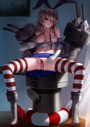 Rule 34 | 10s, 1girl, :3, anchor, bad id, bad pixiv id, black panties, blonde hair, breasts, brown eyes, drawing (object), elbow gloves, female pubic hair, gloves, hair ornament, hair over one eye, hairband, highres, innertube, kantai collection, lips, long hair, looking at viewer, nipples, panties, parted lips, pubic hair, rail (silverbow), rensouhou-chan, revision, shimakaze (kancolle), side-tie panties, sitting, skirt, small breasts, socks, solo, spread legs, striped clothes, striped socks, striped thighhighs, swim ring, thighhighs, thong, unbuttoned, underwear, undone, untied panties, upskirt, white gloves