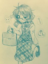 Rule 34 | 1girl, adjusting clothes, adjusting shoe, bag, blush, closed mouth, collared shirt, commentary request, cowboy shot, efukei, glasses, hair dryer, highres, holding, loafers, long sleeves, low twintails, messy hair, monochrome, one-hour drawing challenge, satchel, semi-rimless eyewear, shirt, shoes, skirt, skirt set, skull, sleeveless, solo, tears, thought bubble, toothbrush, touhou, traditional media, twintails, under-rim eyewear, usami sumireko, wavy mouth