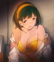 Rule 34 | 1girl, bare shoulders, blunt bangs, bow, bra, breasts, brown eyes, cleavage, commentary request, green hair, hairband, hanarito, idolmaster, idolmaster (classic), long sleeves, looking at viewer, mole, mole under mouth, open clothes, open shirt, orange bra, orange hairband, otonashi kotori, parted lips, shirt, shirt down, short hair, smile, solo, strap slip, underwear, undressing, upper body