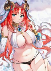 Rule 34 | 1girl, bare shoulders, barefoot, black panties, blue eyes, blush, breasts, brooch, circlet, commentary request, detached sleeves, eric (tianqijiang), genshin impact, harem outfit, highres, holding, holding own hair, horns, jewelry, large breasts, long hair, long sleeves, looking at viewer, low twintails, midriff, multi-strapped panties, navel, neck ring, nilou (genshin impact), o-ring, o-ring bottom, o-ring panties, panties, parted bangs, parted lips, puffy long sleeves, puffy sleeves, red hair, revealing clothes, sidelocks, solo, stomach, thighs, twintails, underwear, vambraces, veil, very long hair, white headwear