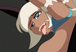 Rule 34 | 1girl, ahegao, animal ears, animated, animated gif, blonde hair, blue eyes, bob cut, bouncing breasts, breasts, cat ears, dark skin, dark-skinned female, fangs, female focus, hanging breasts, happy sex, lab zero games, large breasts, ms. fortune (skullgirls), open mouth, out-of-frame censoring, sagging breasts, skullgirls, solo, spicy bardo, tongue, tongue out