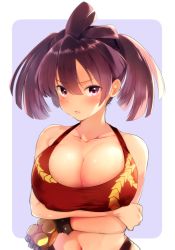 Rule 34 | 1girl, bare shoulders, bikini, bikini top only, blush, breast hold, breasts, calm mashiro, cestus (sekaiju), cleavage, closed mouth, collarbone, covered erect nipples, crossed arms, etrian odyssey, frown, hair between eyes, large breasts, long hair, looking at viewer, navel, purple eyes, purple hair, red bikini, sekaiju no meikyuu, sekaiju no meikyuu 5, solo, sweat, swimsuit, twintails, upper body