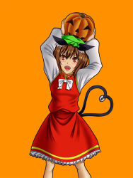 Rule 34 | 1girl, animal ears, arms up, brown eyes, brown hair, cat ears, cat girl, cat tail, chen, fangs, heart, heart tail, jack-o&#039;-lantern, looking at viewer, multiple tails, nekomata, open mouth, orange background, pumpkin, shoukou (evara), solo, squash, tail, touhou, two tails