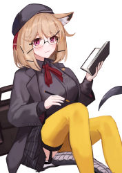Rule 34 | 1girl, animal ears, arknights, bad id, bad pixiv id, beret, black jacket, black shirt, blush, book, collared shirt, feet out of frame, garter straps, glasses, hair ornament, hairclip, hat, highres, holding, holding book, holding pen, izumi roka, jacket, lapels, light brown hair, looking at viewer, neck ribbon, official alternate costume, open book, pen, purple eyes, red ribbon, ribbon, shirt, simple background, sitting, smile, solo, tail, thighhighs, utage (arknights), utage (disguise) (arknights), white background, yellow thighhighs