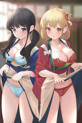 Rule 34 | 2girls, black hair, blonde hair, blue bra, blue panties, blurry, blurry background, blush, bra, breasts, cleavage, closed mouth, cowboy shot, crotch seam, hair ribbon, inoue takina, lace, lace-trimmed bra, lace trim, large breasts, lifted by self, long hair, looking at viewer, looking away, lycoris recoil, mujinbensin, multiple girls, nishikigi chisato, panties, parted lips, purple eyes, red bra, red eyes, red panties, red ribbon, ribbon, short hair, standing, twintails, underwear