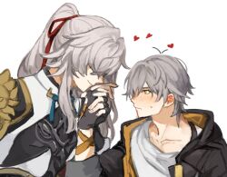 Rule 34 | 2boys, arm ribbon, armor, black gloves, black jacket, blush, caelus (honkai: star rail), chinese clothes, closed mouth, collarbone, fingerless gloves, fingernails, gloves, grey hair, hair between eyes, hair over eyes, hair ribbon, hand up, heart, holding, holding hands, honkai: star rail, honkai (series), hood, hooded jacket, j7bge04, jacket, jing yuan, kiss, kissing hand, long hair, long sleeves, looking at another, male focus, multiple boys, open clothes, open jacket, orange jacket, ponytail, red ribbon, ribbon, shirt, short hair, shoulder armor, simple background, smile, sweatdrop, t-shirt, trailblazer (honkai: star rail), two-sided fabric, two-sided jacket, upper body, white background, white jacket, white shirt, yaoi, yellow eyes