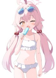 Rule 34 | 1girl, ;o, absurdres, ahoge, bare shoulders, bikini, blue-framed eyewear, blue archive, blush, commentary, cowboy shot, eyewear on head, food, frilled bikini, frills, hair bobbles, hair ornament, halo, highres, holding, holding food, hoshino (blue archive), hoshino (swimsuit) (blue archive), long hair, looking at viewer, low twintails, navel, official alternate costume, one eye closed, orange eyes, pink hair, pink halo, popsicle, simple background, solo, sunglasses, sweatdrop, swimsuit, twintails, very long hair, white-framed eyewear, white background, white bikini, yukisiannn