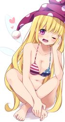 Rule 34 | 1girl, ;d, american flag bikini, bare shoulders, barefoot, bikini, blonde hair, blush, breasts, cleavage, clownpiece, collarbone, crossed ankles, fairy wings, feet, flag print, hand on own cheek, hand on own face, hat, heart, highres, jester cap, long hair, looking at viewer, medium breasts, navel, one eye closed, open mouth, polka dot, purple eyes, purple hat, simple background, sitting, smile, solo, star (symbol), star print, stigma1101, swimsuit, toes, touhou, very long hair, white background, wings