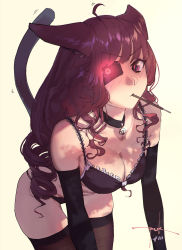 Rule 34 | 1girl, ahoge, animal ear fluff, animal ears, artificial eye, bell, black bra, black choker, black gloves, black panties, black thighhighs, blush, bra, breasts, cat ears, cat tail, choker, commentary request, elbow gloves, food, food in mouth, frilled bra, frills, furrowed brow, gloves, glowing, glowing eye, highres, jingle bell, leaning forward, long hair, looking at viewer, mechanical eye, medium breasts, mole, mole on breast, mouth hold, neck bell, panties, pocky, puk (higanbana doujin), purple eyes, purple hair, ringlets, signature, simple background, solo, stella hoshii, tail, thigh gap, thighhighs, underwear, underwear only, va-11 hall-a, white background