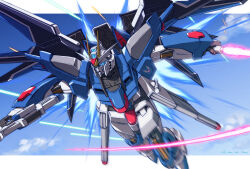 Rule 34 | beam rifle, beam saber, blue eyes, blue sky, cloud, daue, dual wielding, energy gun, exhaust, eye trail, flying, full body, glowing, glowing eye, gun, gundam, gundam seed, gundam seed freedom, highres, holding, holding gun, holding sword, holding weapon, insignia, laser, letterboxed, light trail, looking ahead, mecha, mechanical wings, mobile suit, motion blur, no humans, outside border, outstretched arms, rising freedom gundam, robot, science fiction, signature, sky, solo, spread arms, sword, v-fin, weapon, wings