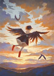 Rule 34 | 1girl, arm up, bird, bird wings, black hair, black skirt, black wings, cloud, cloudy sky, commentary, feathered wings, fjsmu, flying, frilled skirt, frills, from behind, full body, hand on own forehead, hat, highres, kneehighs, mountainous horizon, red footwear, red hat, shameimaru aya, shirt, shoes, short hair, short sleeves, skirt, sky, socks, solo, sunset, tokin hat, touhou, white shirt, white socks, wings
