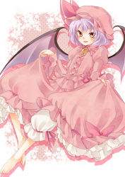 Rule 34 | 1girl, barefoot, bat wings, blush, chikado, colorized, dress, fang, flat chest, hat, highres, light purple hair, looking at viewer, nanaya65, open mouth, red eyes, remilia scarlet, short hair, solo, touhou, wings