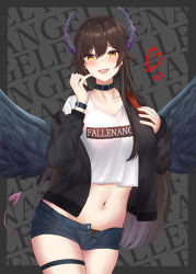 Rule 34 | 1girl, :d, black jacket, blush, breasts, brown hair, brown panties, casual, contemporary, cowboy shot, crop top, demon tail, earrings, english text, feathered wings, gaitoou, grey background, hand up, heart, heart-shaped pupils, highres, horns, jacket, jewelry, long hair, medium breasts, navel, open fly, open mouth, panties, sennen sensou aigis, shirt, short shorts, shorts, simple background, smile, solo, sophie (sennen sensou aigis), stud earrings, symbol-shaped pupils, tail, thigh strap, unbuttoned, unbuttoned pants, underwear, unzipped, very long hair, watch, white shirt, wings, wristwatch, yellow eyes