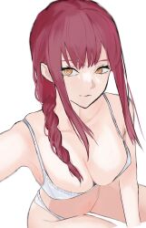 Rule 34 | 1girl, braid, braided ponytail, breasts, chainsaw man, cleavage, highres, large breasts, long hair, makima (chainsaw man), red hair, ringed eyes, solo, underwear, white background, yumiki