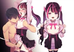 Rule 34 | 2boys, :d, ahegao, arms up, bar censor, bare shoulders, black bra, black hair, black panties, black thighhighs, blush, bow, bowtie, bra, censored, clothed male nude male, clothes lift, commentary request, corset, cum, dress, dress lift, ejaculation, faceless, faceless male, flashing, frilled dress, frills, furrowed brow, handjob, hokuro ryuuseigun, licking nipple, medium hair, motion lines, multicolored hair, multiple boys, multiple views, nipple stimulation, nipple tweak, nipples, nude, off-shoulder dress, off shoulder, open clothes, open dress, open mouth, opened by self, original, panties, penis, penis in panties, pink bow, pink bowtie, pink eyes, pink hair, projectile cum, reverse nursing handjob, rolling eyes, sleeveless, smile, smug, streaked hair, sucking male nipple, thighhighs, tongue, tongue out, trap, twintails, two-tone hair, underbust, underwear, unworn bra, yaoi