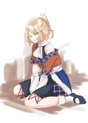 Rule 34 | 1girl, arm warmers, black footwear, black skirt, blonde hair, commentary, full body, green eyes, highres, looking at viewer, mizuhashi parsee, multicolored clothes, one eye closed, open mouth, parsee day, pointy ears, ponytail, scarf, short hair, sitting, skirt, socks, solo, tohoyuukarin, touhou, wariza, white scarf, white socks