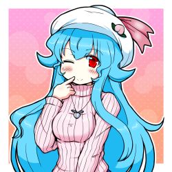 Rule 34 | 1girl, ;), alternate costume, blush, breasts, eruru (erl), finger to mouth, food, food-themed hair ornament, fruit, hair ornament, hat, highres, hinanawi tenshi, jewelry, long hair, looking at viewer, medium breasts, necklace, one eye closed, peach, peach hair ornament, red eyes, ribbed sweater, smile, solo, sweater, touhou, turtleneck, very long hair, wavy hair