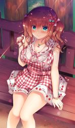 Rule 34 | 1girl, aoki kaede, bare shoulders, bench, blue eyes, blush, bracelet, breasts, checkered clothes, checkered dress, cherry, cherry hair ornament, cleavage, clothes writing, collarbone, dappled sunlight, day, dress, food, food-themed hair ornament, food themed hair ornament, fruit, hair ornament, hair ribbon, hand in own hair, highres, jewelry, large breasts, legs together, light particles, light rays, looking at viewer, necklace, original, outdoors, red hair, ribbon, sash, short hair, sitting, sleeveless, sleeveless dress, smile, solo, sunbeam, sunlight, suzunone rena, two side up