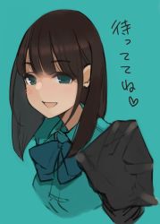 Rule 34 | 1girl, :d, aqua background, bad id, bad twitter id, blue background, blue bow, blue bowtie, blue eyes, blue shirt, blush, bow, bowtie, brown hair, collared shirt, commentary request, looking at viewer, medium hair, no nose, open mouth, original, pantyhose, portrait, shirt, simple background, smile, solo, wing collar, yomu (sgt epper)