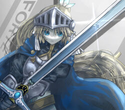 Rule 34 | 1girl, armor, armored gloves, blonde hair, blue eyes, breastplate, cape, closed mouth, forte (rune factory), gloves, helmet, highres, holding, holding sword, holding weapon, knight, long hair, ponytail, rune factory, solo, sword, visor (armor), weapon, yuutsu (umrs8555)