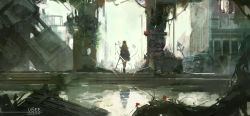 Rule 34 | 1girl, absurdres, black hair, crop top, cropped jacket, dated, day, facing away, graffiti, highres, holding, holding sword, holding weapon, hood, hood down, hooded jacket, iridescent-usee, jacket, katana, original, outdoors, ruins, scenery, short hair, skirt, solo, sword, walking, weapon