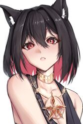Rule 34 | 1girl, absurdres, animal ear fluff, animal ears, bare shoulders, black dress, black hair, breasts, character request, cleavage, collarbone, colored inner hair, commentary, dress, fox ears, hair between eyes, highres, indie virtual youtuber, jewelry, large breasts, light blush, looking at viewer, medium hair, multicolored hair, parted lips, red eyes, red hair, simple background, solo, teeth, upper body, virtual youtuber, white background, yiotaart