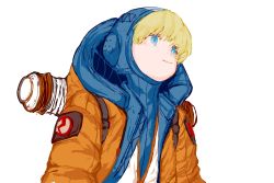 Rule 34 | 1girl, absurdres, apex legends, blonde hair, blue eyes, blue headwear, blue sweater, bodysuit, chinese commentary, flat chest, freckles, from side, highres, hood, hood down, hooded bodysuit, hooded jacket, jacket, lightning bolt symbol, looking up, orange jacket, portrait, ribbed sweater, shan yu (muzi9349), simple background, smile, solo, sweater, wattson (apex legends), white background, white bodysuit
