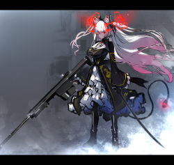 Rule 34 | 1girl, @ @, animal ears, anti-materiel rifle, barrett m82, black dress, black footwear, black thighhighs, boots, cat ears, closed mouth, commentary request, dress, floating hair, gradient hair, gun, hair between eyes, highres, holding, holding gun, holding sword, holding weapon, katana, letterboxed, light frown, long hair, long sleeves, looking at viewer, multicolored hair, nishiide kengorou, nora cat, nora cat channel, pink hair, red eyes, rifle, silver hair, sketch, sniper rifle, solo, standing, sword, tail, thigh boots, thighhighs, very long hair, virtual youtuber, weapon, weapon request, wide sleeves
