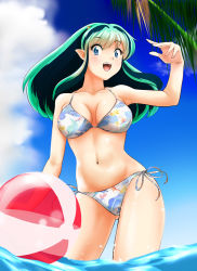 Rule 34 | 1girl, absurdres, ball, beachball, bikini, blue eyes, blue sky, breasts, cloud, collarbone, commentary request, cone horns, contrapposto, day, gluteal fold, green hair, highres, horns, long hair, looking at viewer, lum, medium breasts, nanao futaba, navel, open mouth, outdoors, palm tree, pointy ears, print bikini, side-tie bikini bottom, sky, smile, soaking feet, solo, standing, swimsuit, teeth, tree, upper teeth only, urusei yatsura, wading
