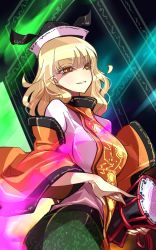 Rule 34 | 1girl, black hat, blonde hair, blush, breasts, detached sleeves, drum, from side, green skirt, hat, highres, instrument, large breasts, long hair, long sleeves, looking at viewer, looking to the side, matara okina, orange eyes, parted lips, raptor7, skirt, smile, solo, tabard, touhou, wide sleeves