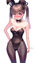 Rule 34 | 1girl, animal ears, black bow, black bowtie, black leotard, black pantyhose, blunt bangs, bow, bowtie, breasts, brown eyes, brown hair, cleavage, commentary request, detached collar, gorota, highres, large breasts, leotard, long hair, original, pantyhose, playboy bunny, rabbit ears, red eyes, simple background, solo, standing, twintails, twitter username, white background