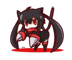 Rule 34 | 1girl, ahoge, animal ears, bent over, black hair, cat ears, cat tail, chibi, claws, long hair, looking at viewer, nuu (nu-nyu), open mouth, original, red eyes, solo, tail, translation request, twintails