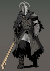 Rule 34 | 1boy, absurdres, armor, chain, covered eyes, full armor, full body, gogalking, grey background, helm, helmet, highres, holding, holding sword, holding weapon, original, simple background, solo, sword, weapon