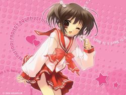 Rule 34 | 00s, 1girl, ;d, blush, brown eyes, cowboy shot, flower, hair ribbon, heart, holding, holding flower, ito noizi, long sleeves, looking at viewer, one eye closed, open mouth, red eyes, red skirt, ribbon, sailor collar, school uniform, shirt, short hair, skirt, smile, solo, to heart (series), to heart 2, two side up, wallpaper, white shirt, yuzuhara konomi