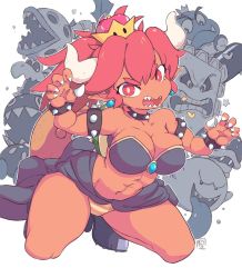 Rule 34 | 1girl, abs, armlet, artist name, bare shoulders, black footwear, bob-omb, boo (mario), bowsette, bracelet, breasts, bullet bill, buzzy beetle, chain chomp, claw pose, claws, cleavage, closed mouth, collar, collarbone, crown, dark skin, dry bones, earrings, fangs, female focus, full body, gem, goomba, hands up, heart, high heels, horns, jewelry, jpeg artifacts, kneeling, large breasts, looking at viewer, mario (series), mini crown, navel, new super mario bros. u deluxe, nintendo, open mouth, orange panties, outline, panties, piranha plant, pointy ears, ponytail, red eyes, red hair, sharp teeth, shoes, signature, smile, solo focus, spiked bracelet, spiked collar, spikes, star (symbol), starmilk, strapless, striped clothes, striped panties, super crown, tail, teeth, thwomp, tongue, tongue out, tube top, turtle shell, underwear, white background, white outline