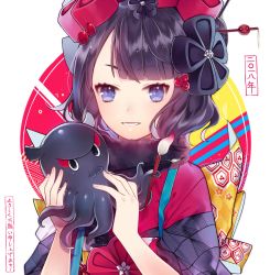 Rule 34 | 1girl, animal, bad id, bad pixiv id, black hair, black kimono, blunt bangs, bow, calligraphy brush, checkered bow, checkered clothes, fate/grand order, fate (series), fingernails, hair ornament, highres, holding, holding animal, ichinosenen, japanese clothes, katsushika hokusai (fate), kimono, looking at viewer, obi, octopus, paintbrush, parted lips, purple eyes, sash, short hair, smile, solo, translated, upper body, v-shaped eyebrows, white background, yellow bow