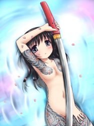 Rule 34 | 1girl, armpits, black hair, blue eyes, breasts, full-body tattoo, highres, katana, navel, nipples, nude, seiji (artist), small breasts, sword, tattoo, weapon