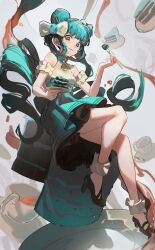 Rule 34 | 1girl, absurdres, ankle cuffs, aqua hair, armband, bare shoulders, blush, bow, cake, cake slice, choker, cup, dethmaid, double bun, dress, food, fork, frilled anklet, frilled armband, frills, from below, hair bow, hair bun, hatsune miku, high heels, highres, holding, holding fork, holding plate, long hair, looking at viewer, oversized food, oversized object, plate, solo, star-shaped pupils, star (symbol), symbol-shaped pupils, teacup, twintails, very long hair, vocaloid, white bow