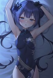 1girl absurdres armpits arms_up bed_sheet black_dress black_gloves black_hair blue_archive blue_eyes blush breasts butterfly_hair_ornament china_dress chinese_clothes commentary covered_navel double_bun dragon_print dress gloves grey_halo hair_bun hair_ornament halo head_on_pillow highres kisaki_(blue_archive) long_hair looking_at_viewer lying on_back open_mouth print_dress sleeveless sleeveless_dress small_breasts solo sweat twintails yaho_(a01085748817)