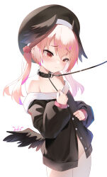 Rule 34 | 1girl, absurdres, artist name, bare shoulders, belt collar, beret, black collar, black hat, black shirt, black wings, blue archive, blurry, blush, bottomless, breasts, child, choker, closed mouth, collar, cowboy shot, feathered wings, hair between eyes, hat, head wings, highres, koharu (blue archive), leash, long sleeves, low wings, no halo, off shoulder, people, pink hair, puffy long sleeves, puffy sleeves, red eyes, sailor collar, sailor shirt, sakutaishi, shirt, simple background, small breasts, solo, solo focus, tearing up, tears, thighhighs, twintails, white background, white sailor collar, wings