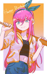 Rule 34 | 1girl, aubrey (faraway) (omori), aubrey (omori), baseball bat, blue eyes, blue skirt, closed mouth, collarbone, crop top, dated, denim, denim skirt, hairband, happy birthday, jacket, looking at viewer, miranosub, navel, omori, pink hair, short sleeves, skirt, smile, solo, white jacket