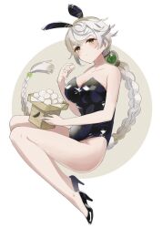 Rule 34 | 1girl, animal ears, black footwear, black leotard, breasts, brown eyes, cleavage, food, full body, grey hair, high heels, kantai collection, large breasts, leotard, long hair, looking at viewer, mochi, playboy bunny, rabbit ears, shiny clothes, solo, strapless, strapless leotard, unryuu (kancolle), yamashichi (mtseven)