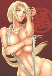 Rule 34 | 1girl, bikini, blonde hair, breast hold, breasts, cleavage, collarbone, covering privates, covering breasts, facial mark, female focus, forehead mark, groin, hand on own chest, holding, huge breasts, jewelry, long hair, looking at viewer, low ponytail, naruto, naruto (series), navel, parted bangs, parted lips, pendant, red background, shiny skin, slingshot swimsuit, solo, swimsuit, text focus, toned, tsunade (naruto), upper body, very long hair, whistlerx, wide hips