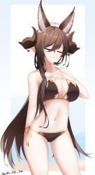 Rule 34 | 1girl, absurdres, ahrara, animal ears, arm behind back, artist name, bare arms, bare shoulders, bikini, blue hair, border, brown hair, closed eyes, closed mouth, collarbone, commentary request, contrapposto, cowboy shot, extra ears, galleon (granblue fantasy), gold trim, granblue fantasy, hair between eyes, hair ornament, hair over shoulder, halterneck, hand on own chest, highres, horns, legs apart, long hair, multicolored hair, navel, outdoors, pointy ears, side-tie bikini bottom, solo, split mouth, standing, string bikini, swimsuit, two-tone hair, white border, ||/