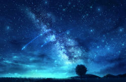 Rule 34 | blue sky, blue theme, commentary request, czy (2894456992), galaxy, highres, milky way, night, night sky, no humans, original, outdoors, scenery, shooting star, sky, star (sky), starry sky, tree