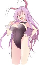 Rule 34 | 1girl, animal ears, black bow, black bowtie, black leotard, bow, bowtie, breasts, cropped legs, detached collar, hand on own hip, kamukamu (ars), large breasts, leotard, long hair, looking at viewer, one eye closed, open mouth, playboy bunny, purple hair, rabbit ears, red eyes, reisen udongein inaba, simple background, solo, strapless, strapless leotard, touhou, very long hair, white background, wrist cuffs