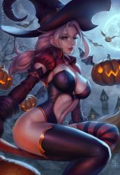 Rule 34 | 1girl, artist name, asymmetrical legwear, blush, breasts, broom, broom riding, chloe (sciamano240), cleavage, clothing cutout, cloud, cloudy sky, detached sleeves, full moon, hat, heart cutout, highres, jack-o&#039;-lantern, jewelry, large breasts, leotard, lips, long hair, looking at viewer, low ponytail, mismatched legwear, moon, night, original, parted lips, pink hair, puffy short sleeves, puffy sleeves, purple leotard, purple thighhighs, red eyes, sciamano240, short sleeves, shrug (clothing), sidelocks, signature, sky, smile, solo, striped clothes, striped thighhighs, thighhighs, witch, witch hat