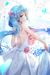 Rule 34 | 1girl, backless dress, backless outfit, blue eyes, blue hair, blush, bug, butterfly, closed mouth, douya (233), dress, floating hair, hatsune miku, holding, holding clothes, holding dress, bug, long hair, looking at viewer, looking back, smile, solo, twintails, very long hair, vocaloid, white dress